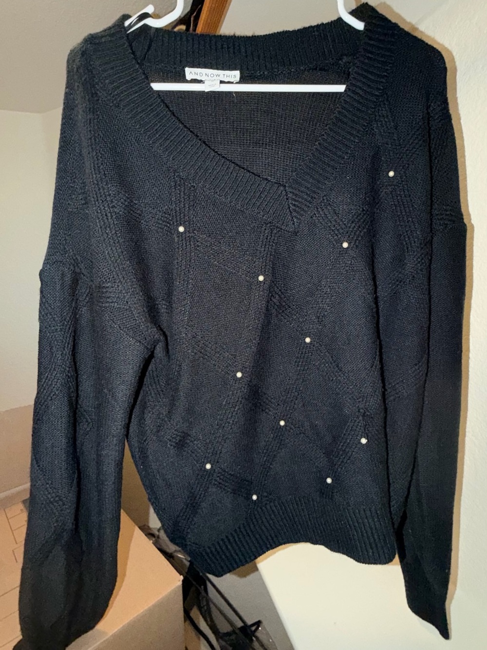 And Now This Black V-Neck Sweater with Pearl Accents